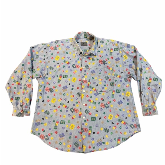 Liz Wear Tops - Vintage 90s Lizwear Chambray Shirt – Dice, Domino & Game Print – Size L